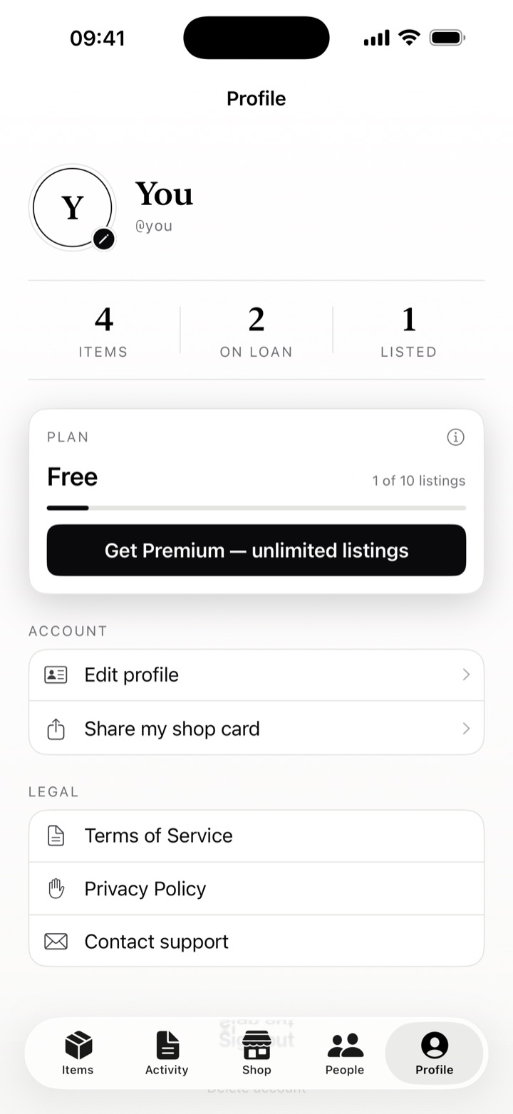 Plans & profile — Borrowed+ app screen