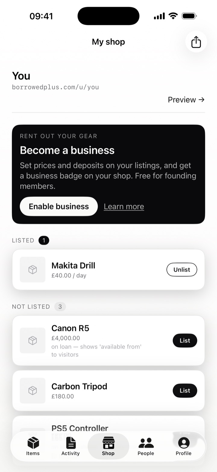 Run your shop — Borrowed+ app screen
